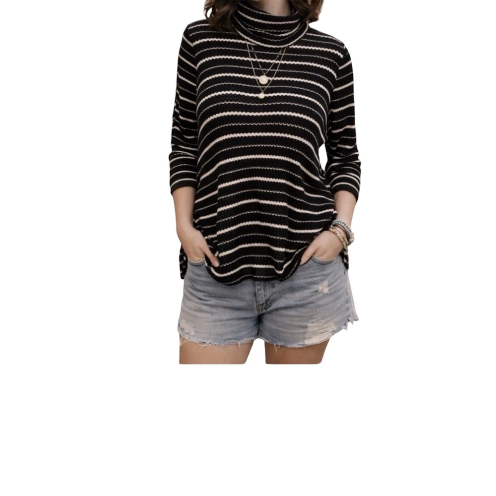 We The Free Free People Black White Striped Turtleneck High Low Raw Hem Top M